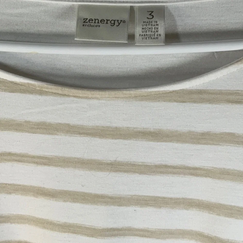 CHICO’S Tunic with Peekaboo Sleeves White & Tan Stripe Sz 3 (16/18)